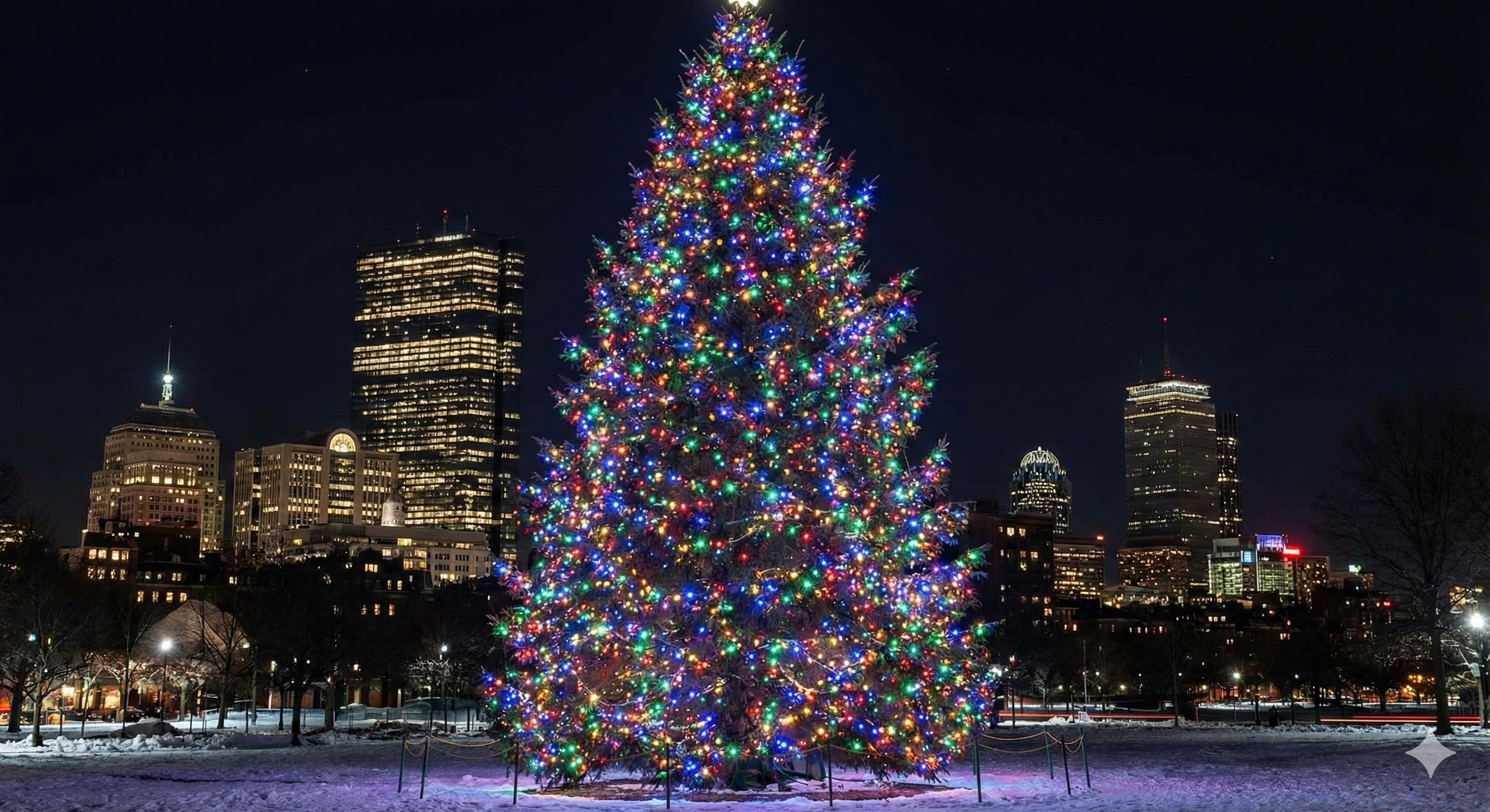 Boston Common Christmas tree lighting with city skyline in background