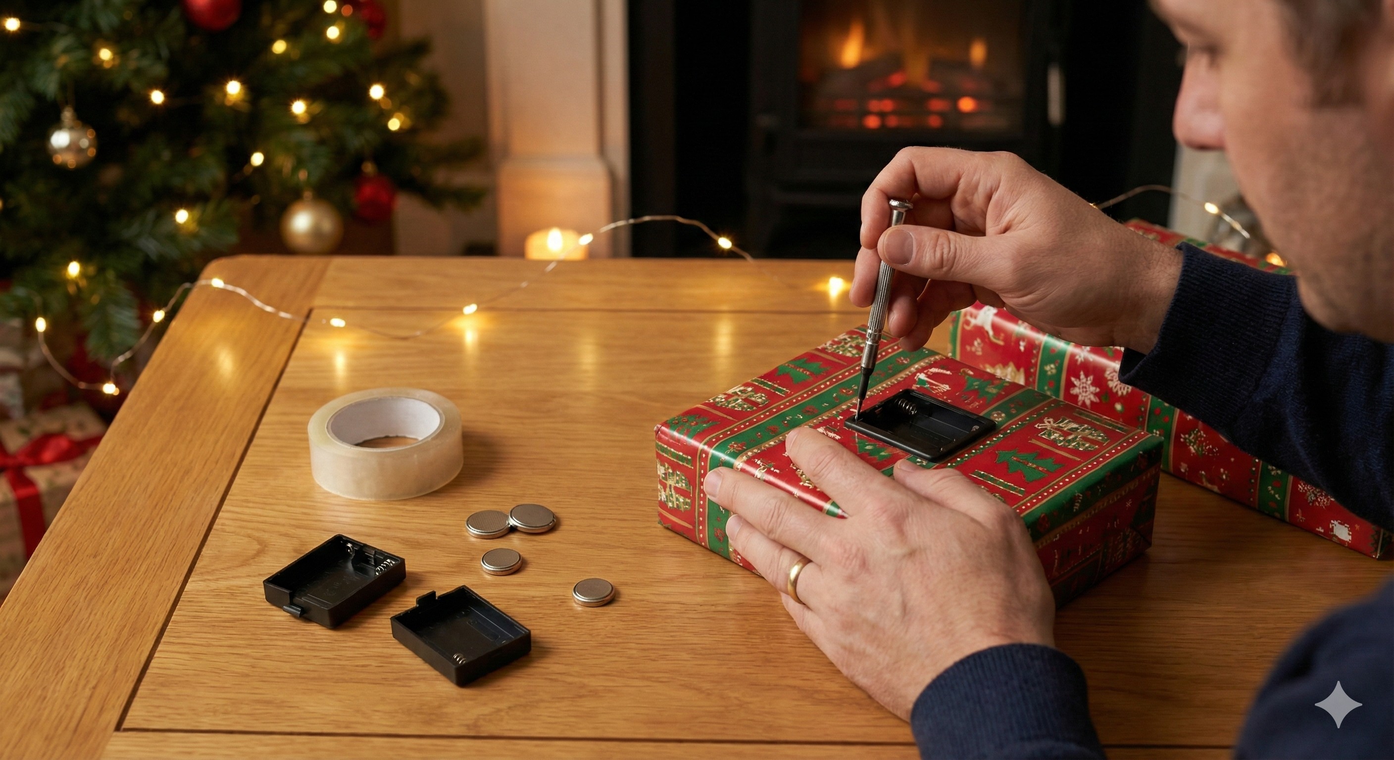Christmas safety for kids - Parent's hands doing safety check on wrapped gifts, checking for button batteries and small parts