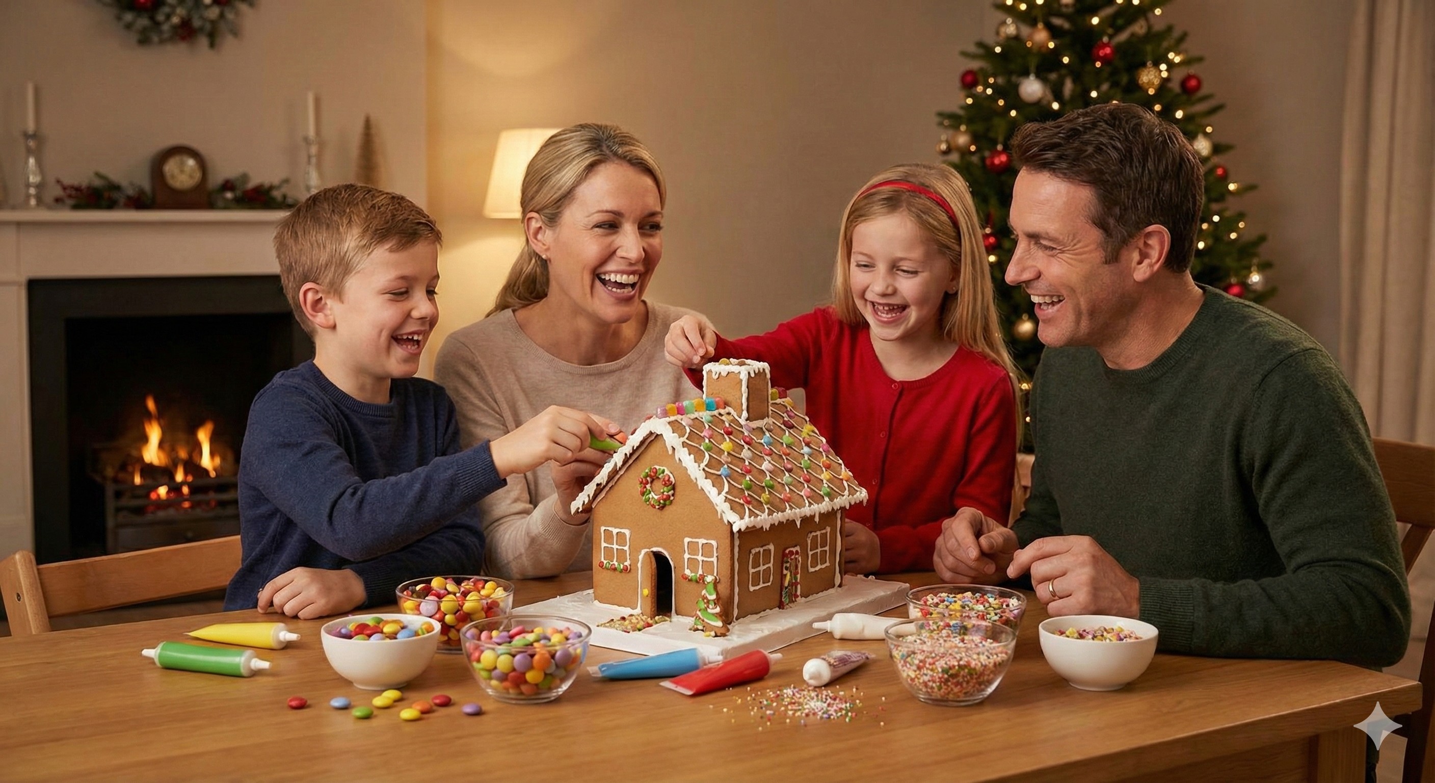 Family decorating gingerbread house together during holiday season at home