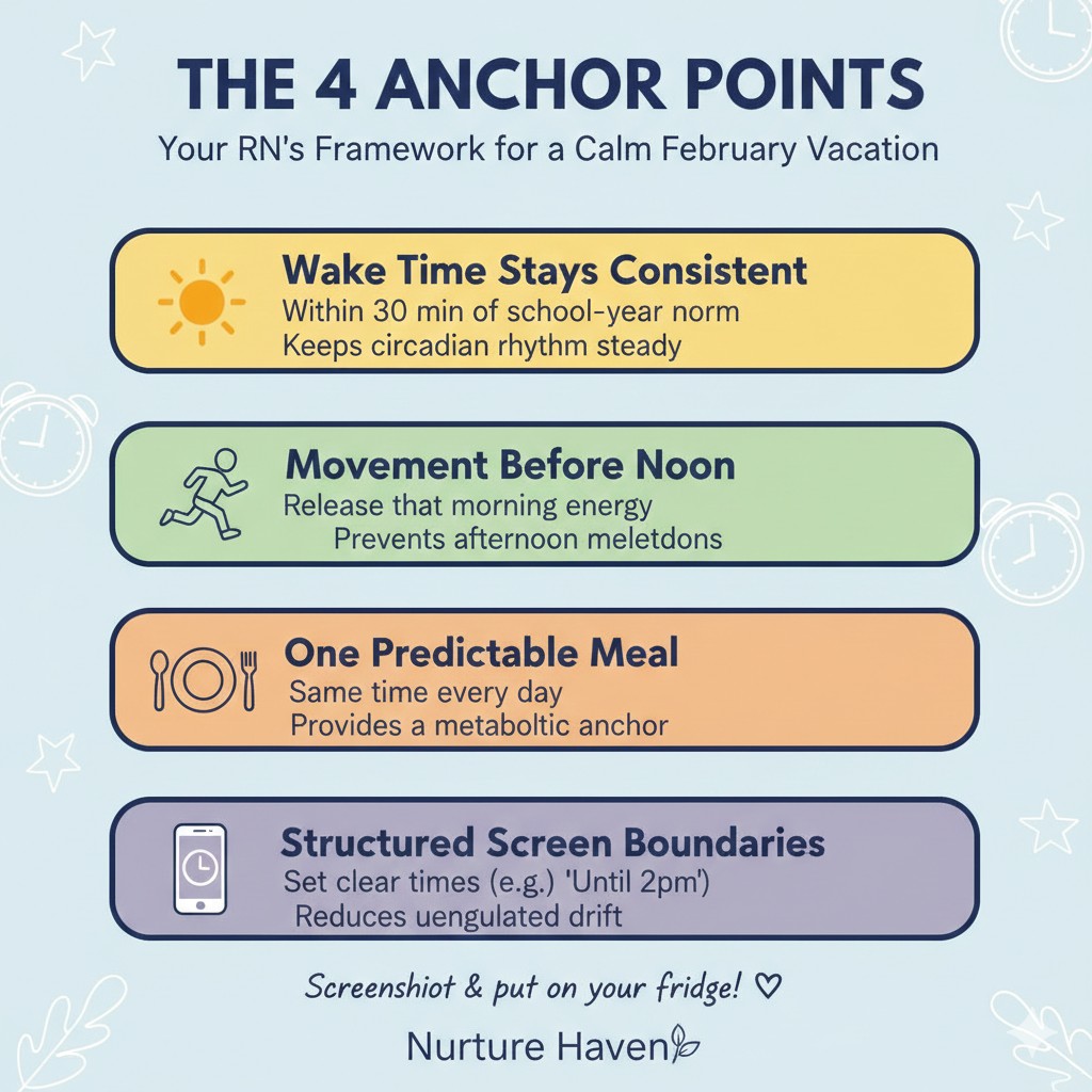Four anchor points infographic for keeping children regulated during school vacation