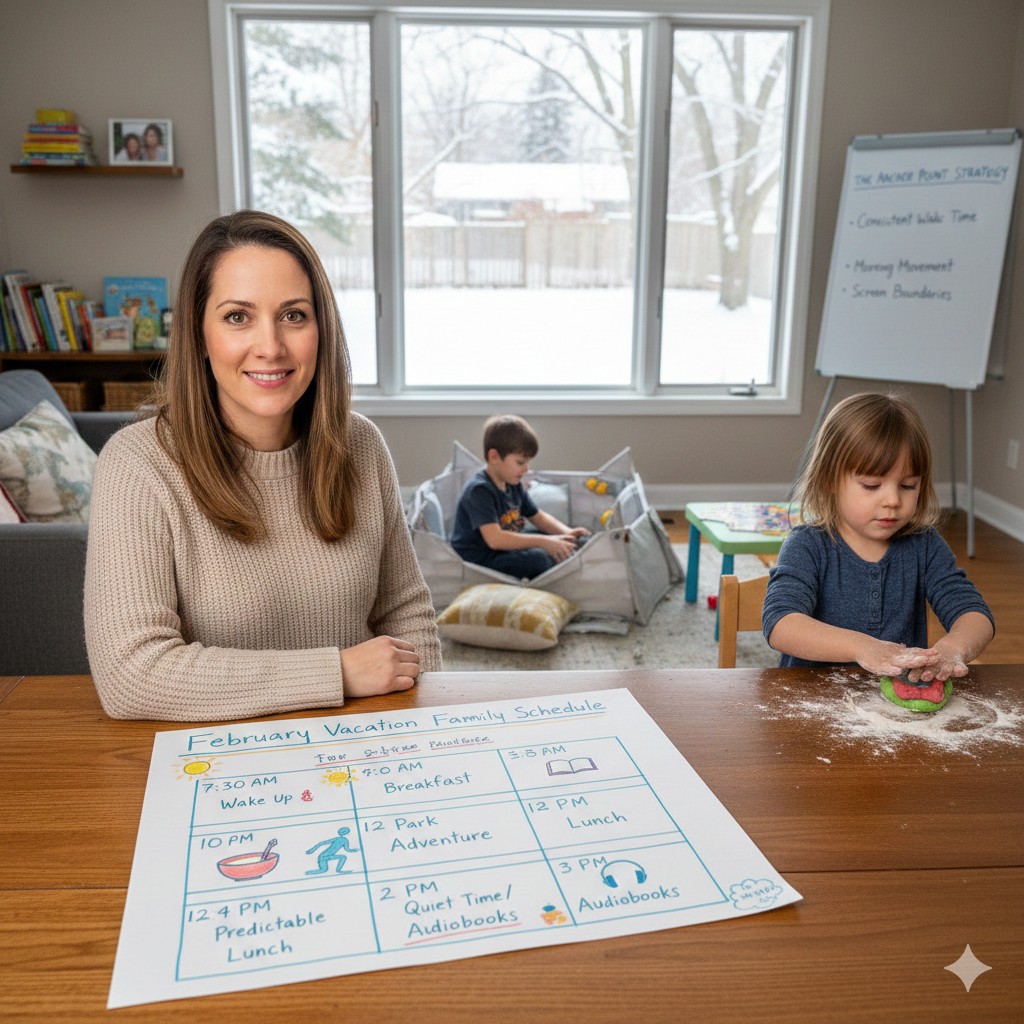 Organized household during February vacation with children engaged in activities and parents calm