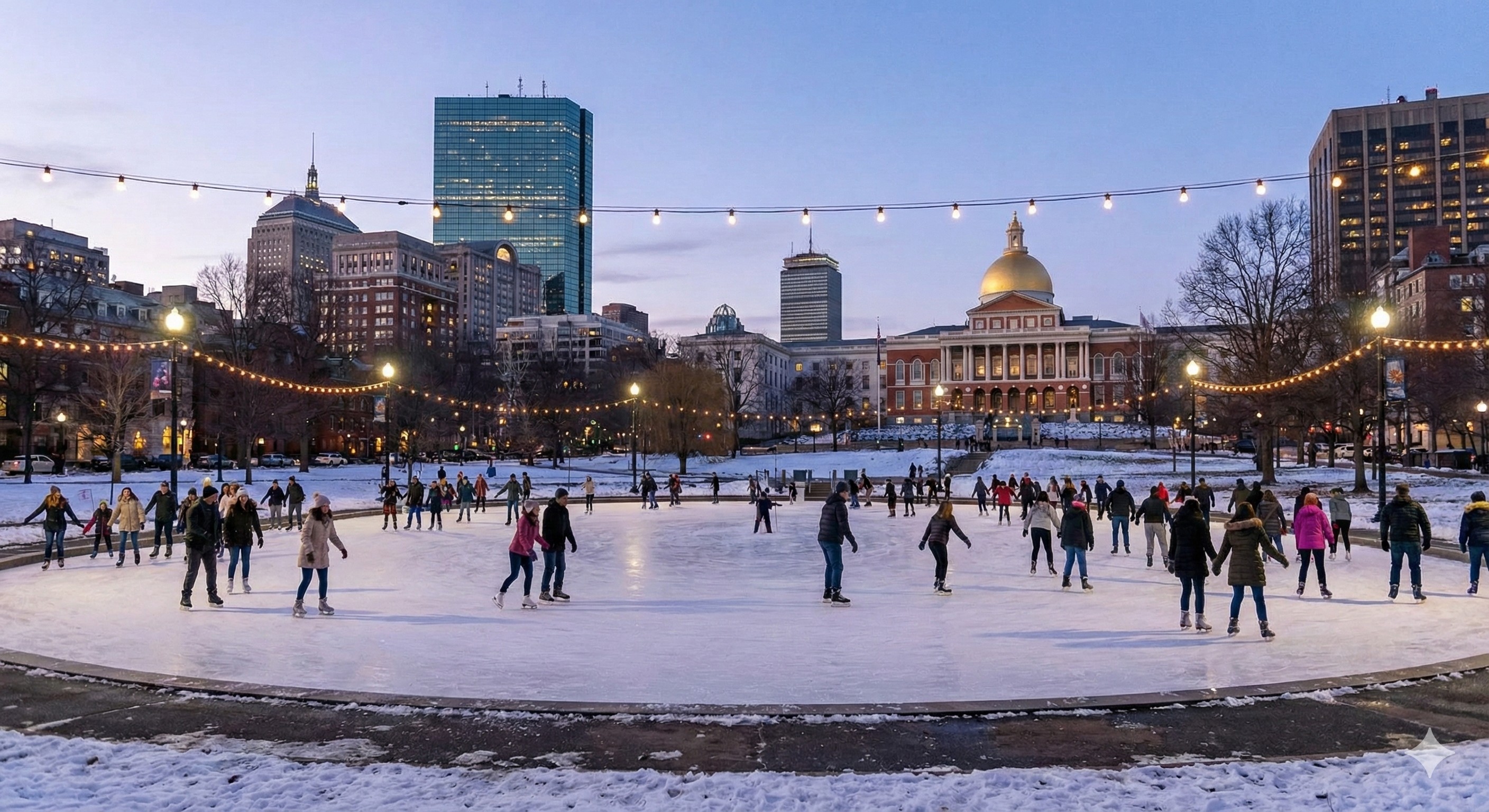 Families ice skating at Frog Pond on Boston Common during holiday season