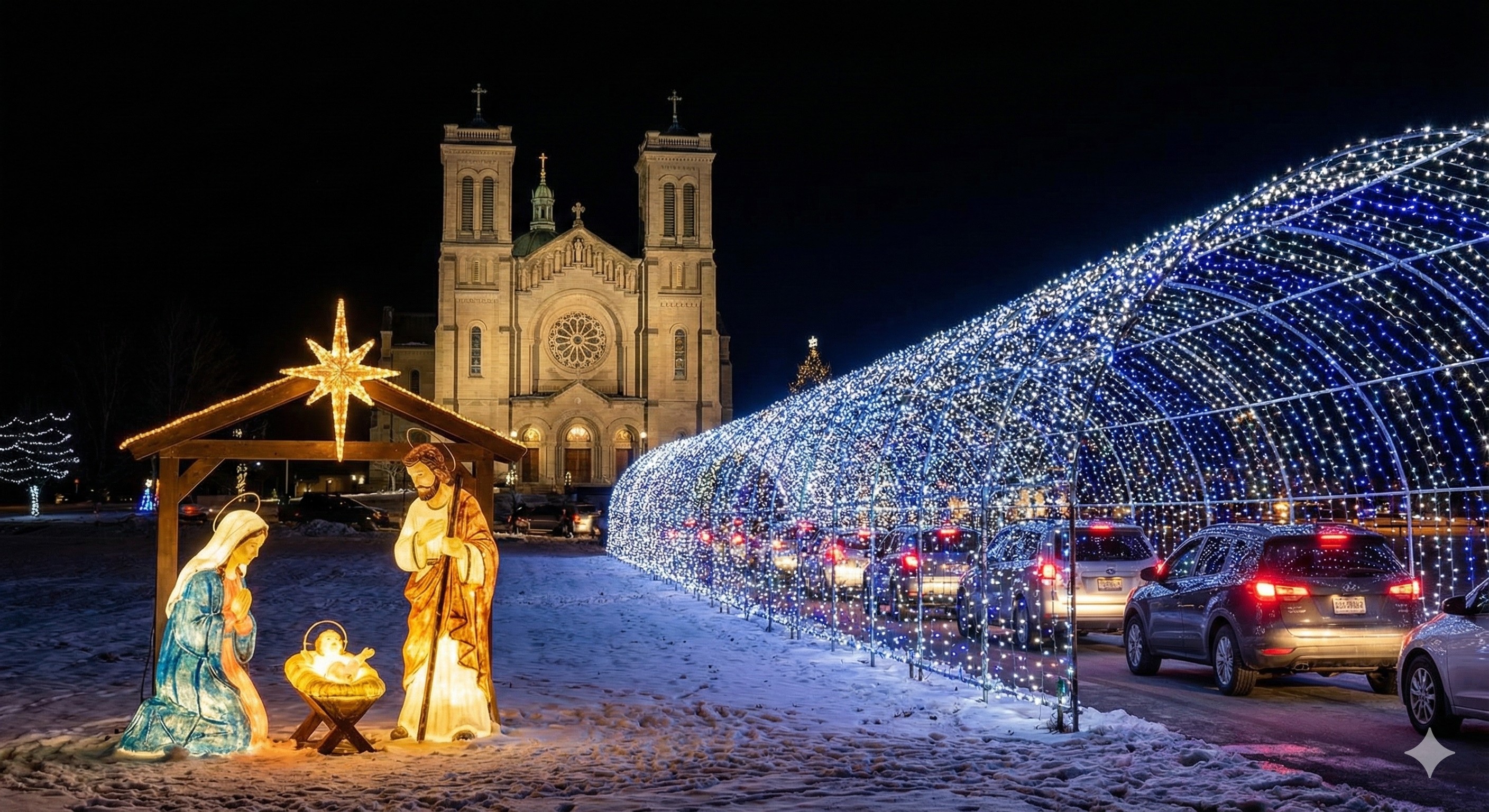 Car driving through La Salette Shrine Festival of Lights display with over 300,000 lights