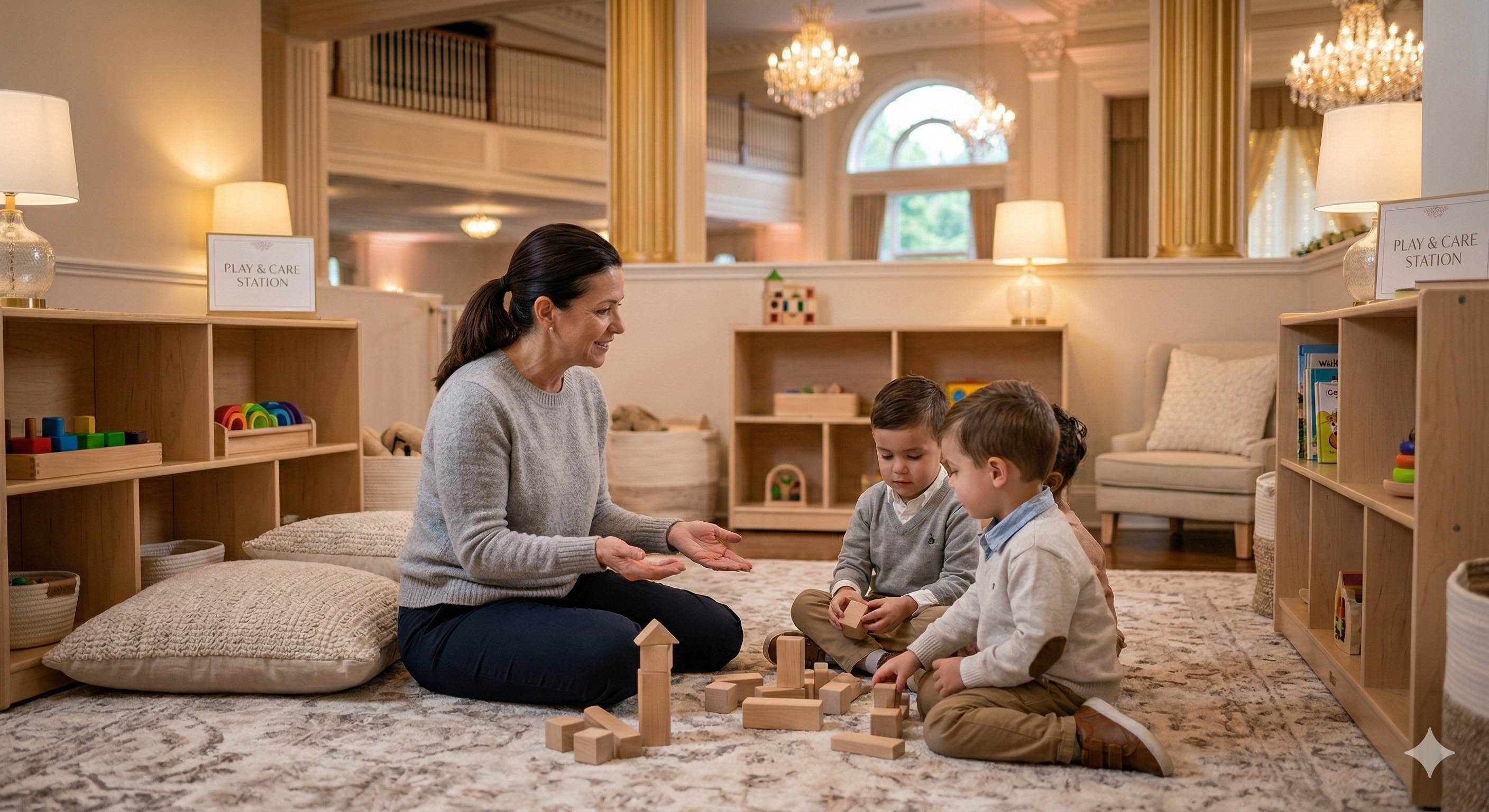 A professional RN caregiver leading a calm and structured play space with children at a wedding reception