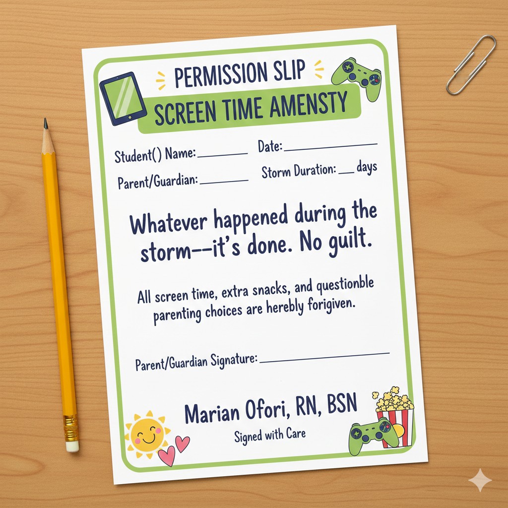Screen Time Amnesty Permission Slip: Whatever happened during the storm—it's done. No guilt.