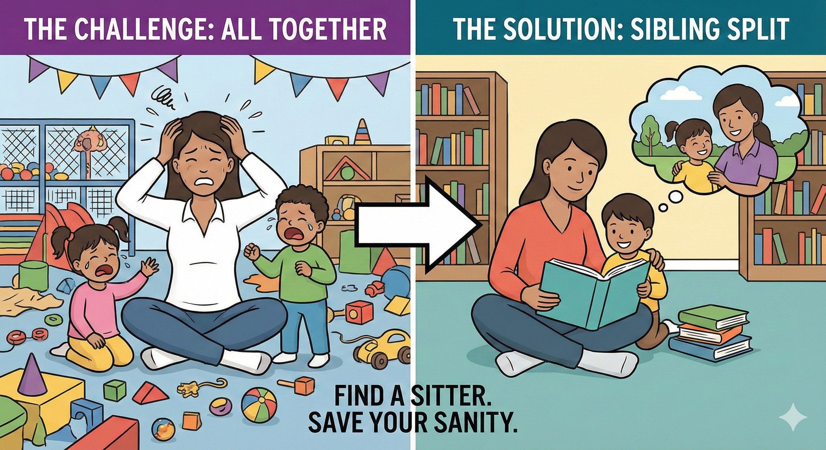 Illustration showing how a sitter can help split activities - one child goes on an active outing with the sitter while parent focuses on the other child's needs