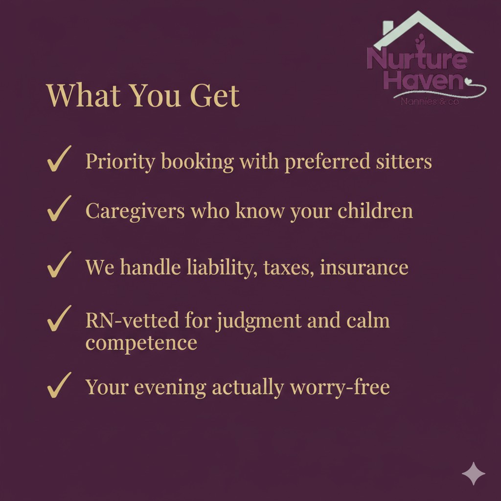 Checklist of Sitter Club benefits: Priority booking, Liability coverage, RN-vetted caregivers