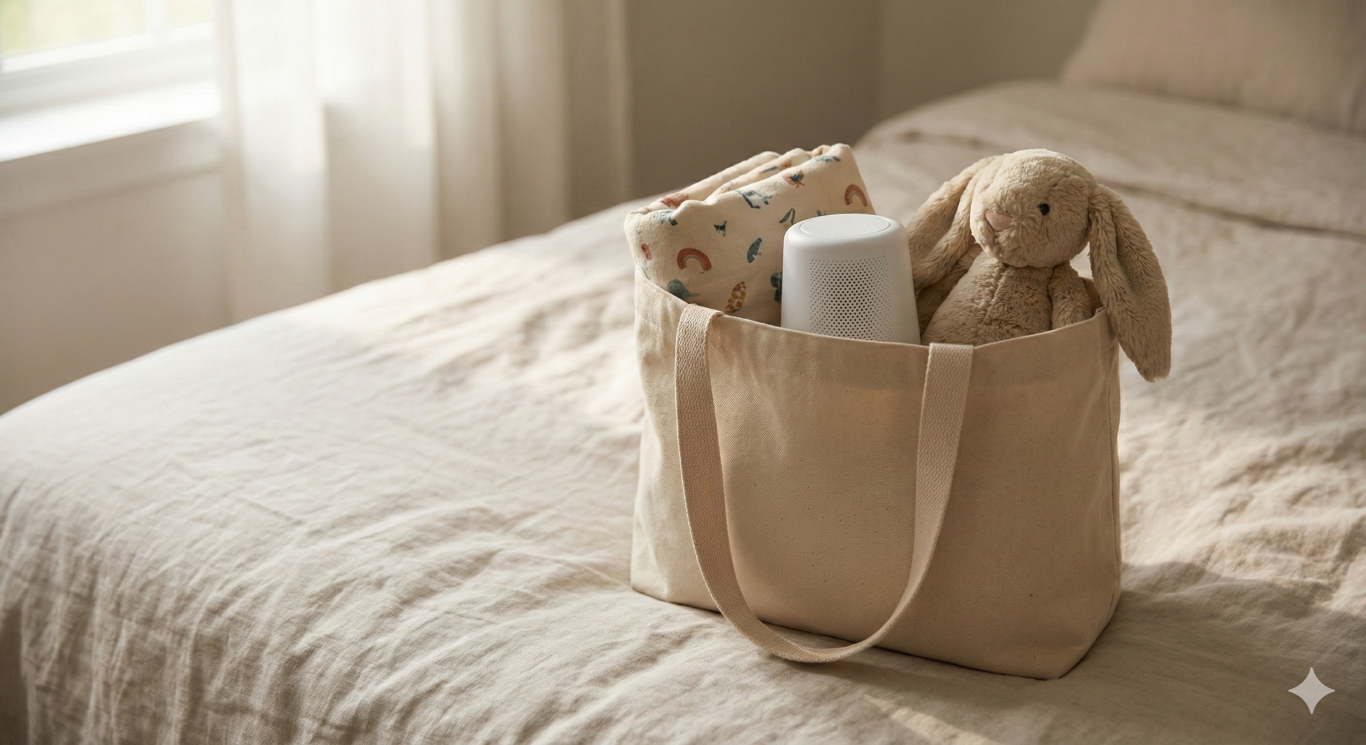Sleep sanctuary for holiday travel - Sound machine, crib sheet, and favorite lovey packed in travel bag for familiar sleep environment