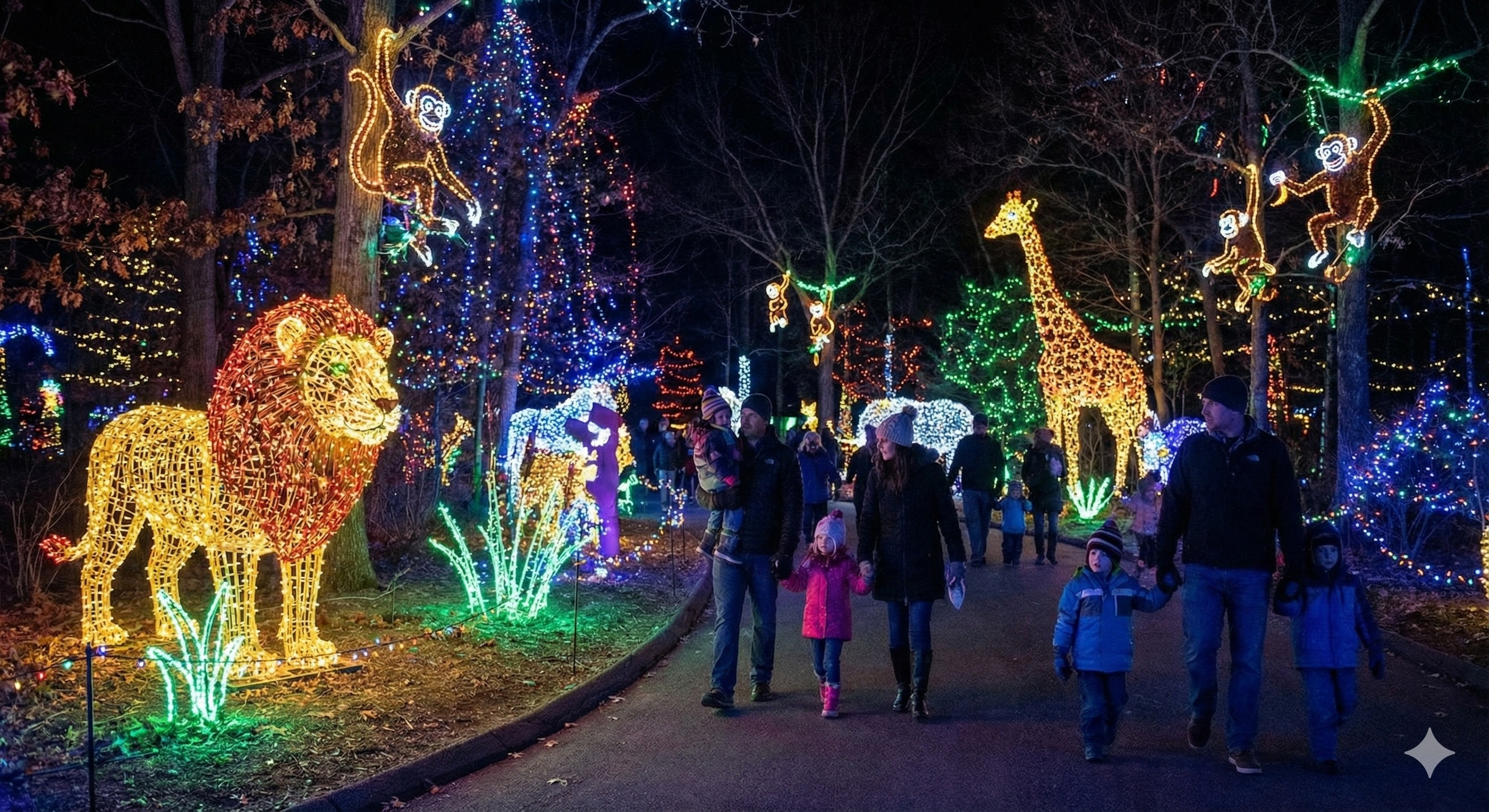 Stone Zoo ZooLights display in Stoneham Massachusetts with illuminated animal sculptures