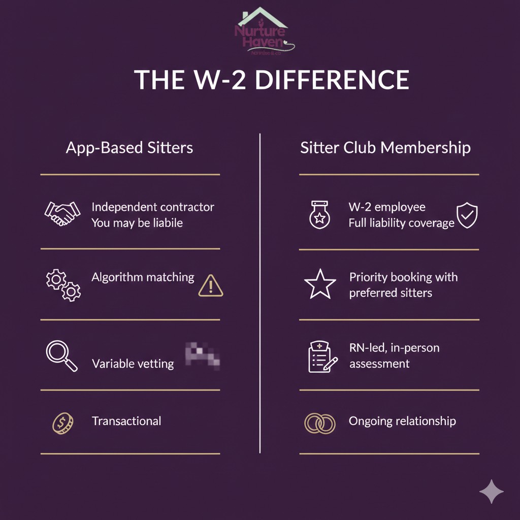 Comparison infographic showing W-2 Sitter Club versus app-based babysitters