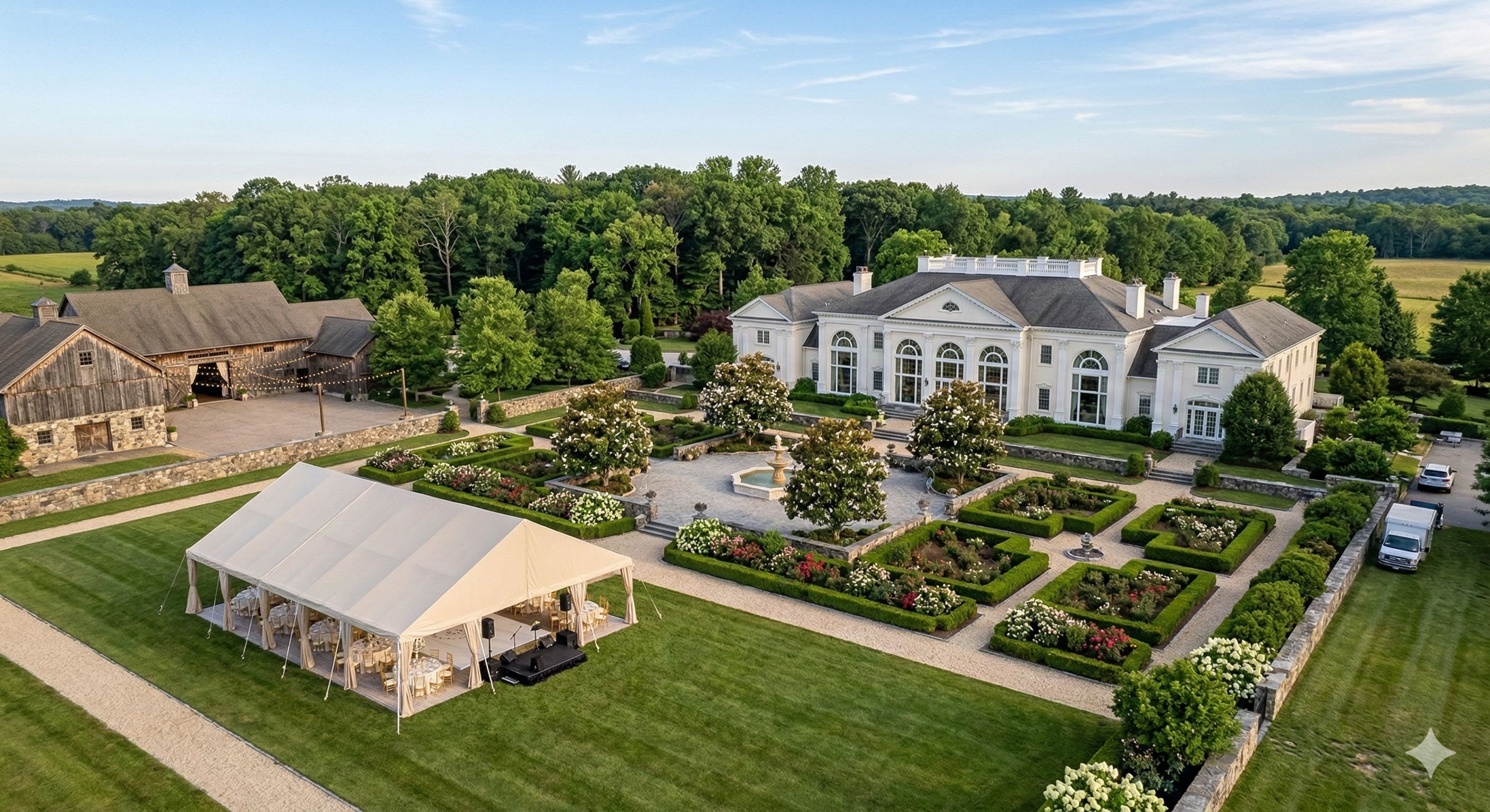 Aerial view of an elegant wedding venue estate in Greater Boston